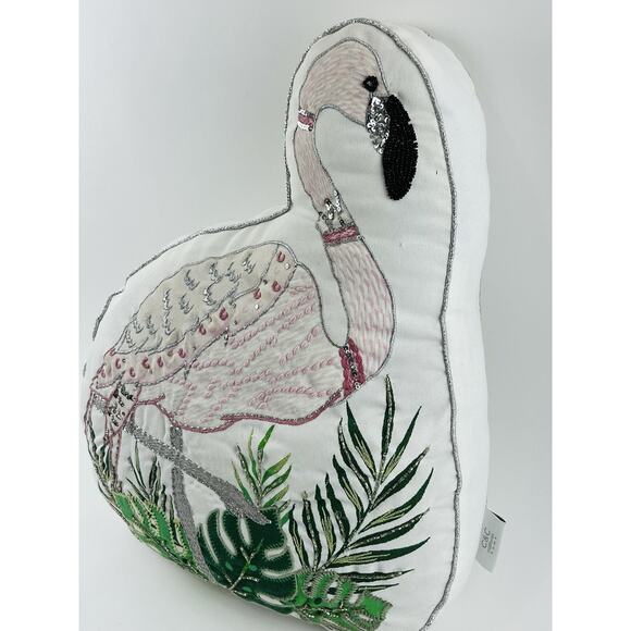 Accent Throw Pillow Beaded Flamingo Tropical Home Decor 19" Pink Monstera Leaf - Picture 3 of 15
